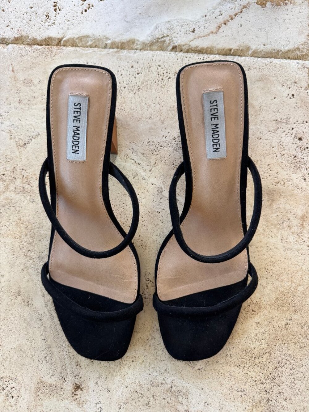 Steve Madden Honey Heeled Sandals Black Slip On Strappy Square Wood Blocky 10